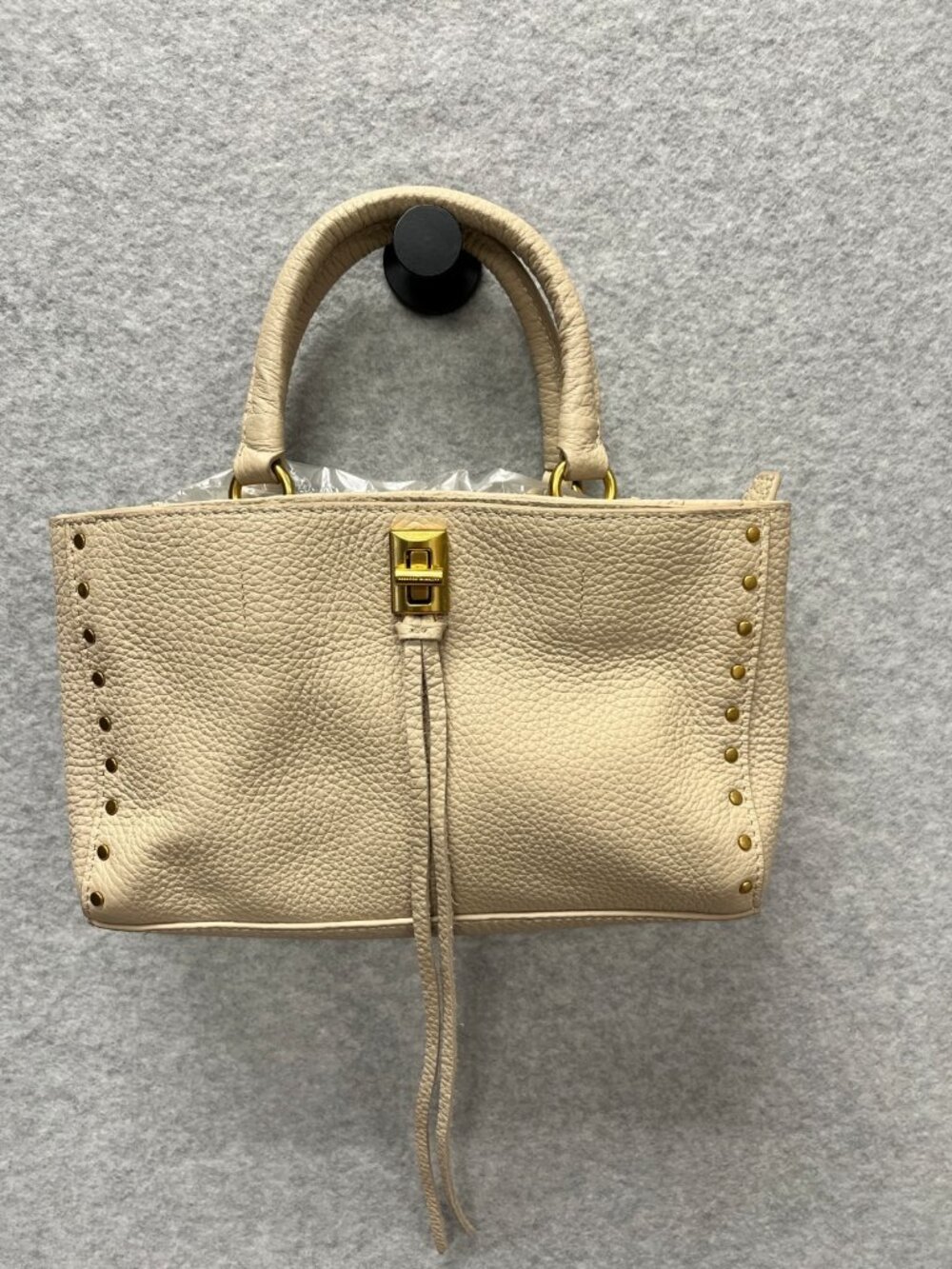Rebecca Minkoff Darren Tote Beige Leather Turn Lock Studded Top Handle Bag